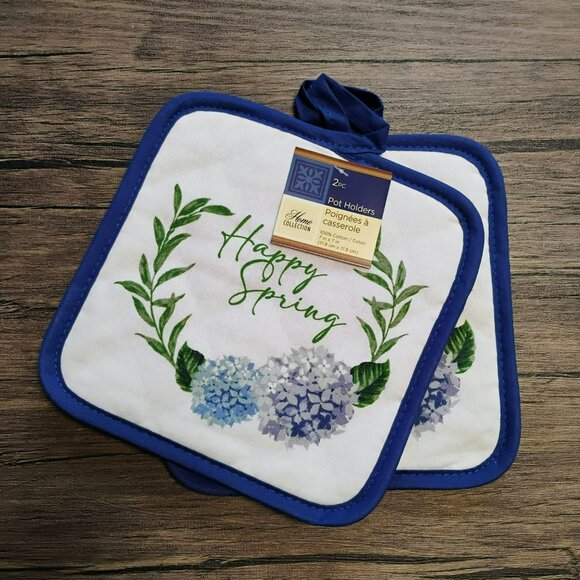 Happy Spring Hydrangea Kitchen Set, 2 Towels Oven Mitt 2 Potholders, Cottagecore - Picture 5 of 8